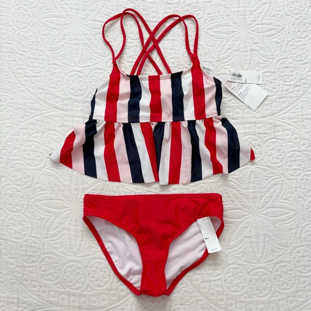 Old Navy‎ Girls' Peplum Tankini Swim Set, Red/White/Blue Sz M